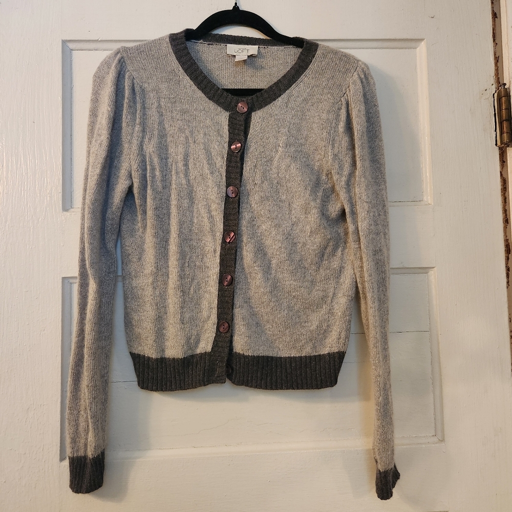 LOFT Cardigan Sweater, Heathered Gray, Button Up, Rabbit Hair Blend Sz Med EUC
